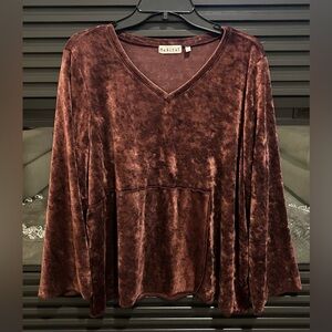 Habitat Blouse Top Sz L Brown Maroon Crushed Velvet Drape Bell Sleeve Boho Gypsy